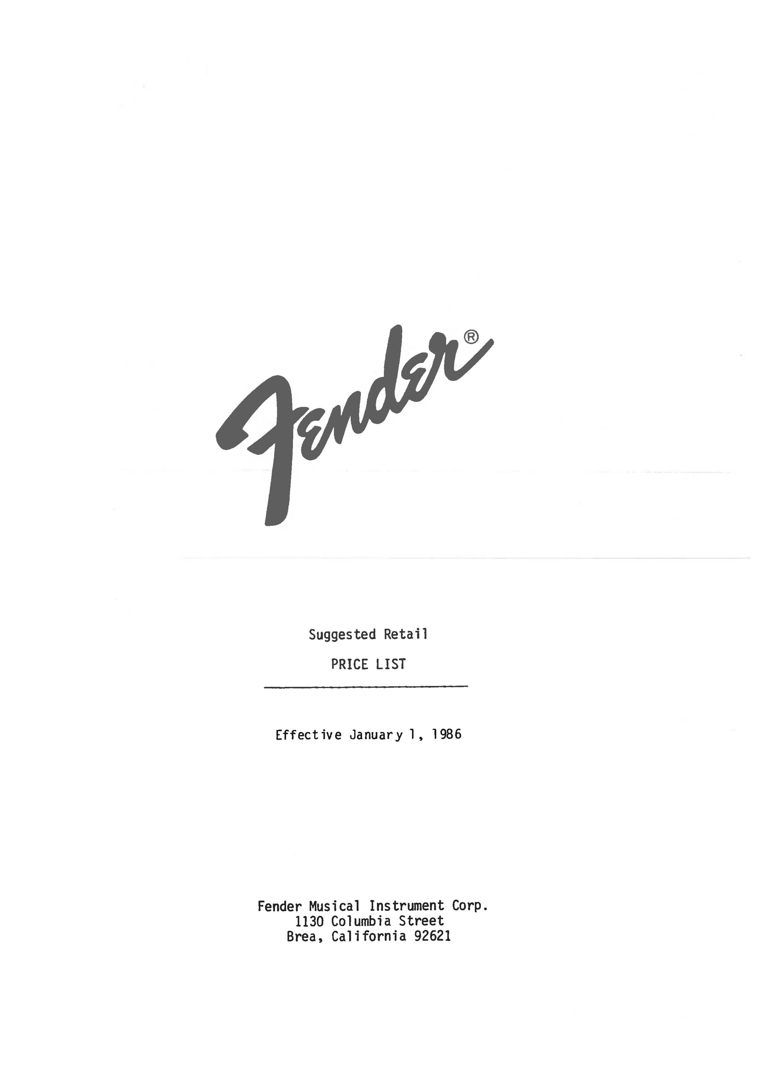 Fender Price list 1986