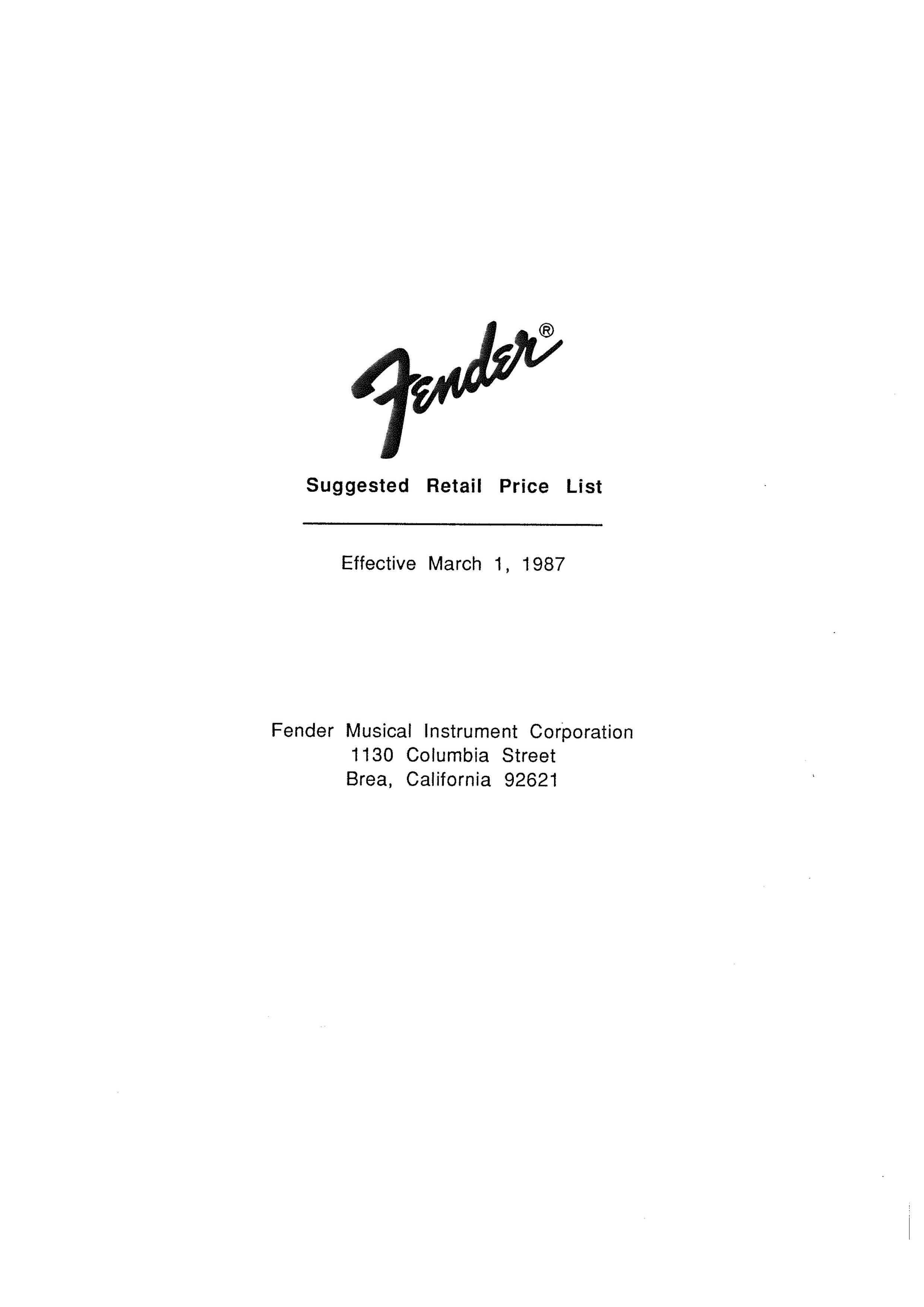 Fender Price list 1987