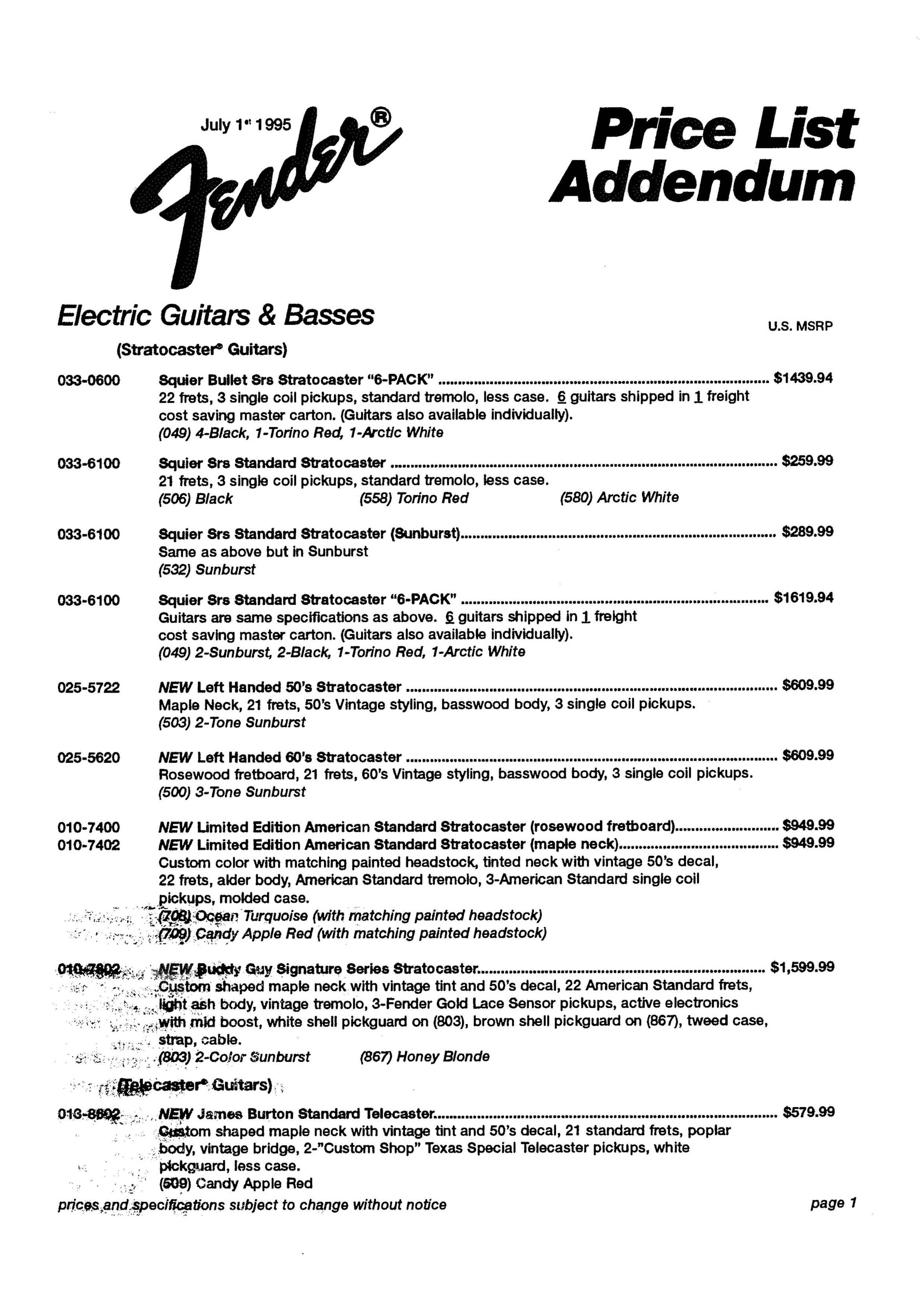 Fender Price list 1995