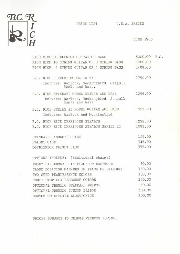Price list 1983