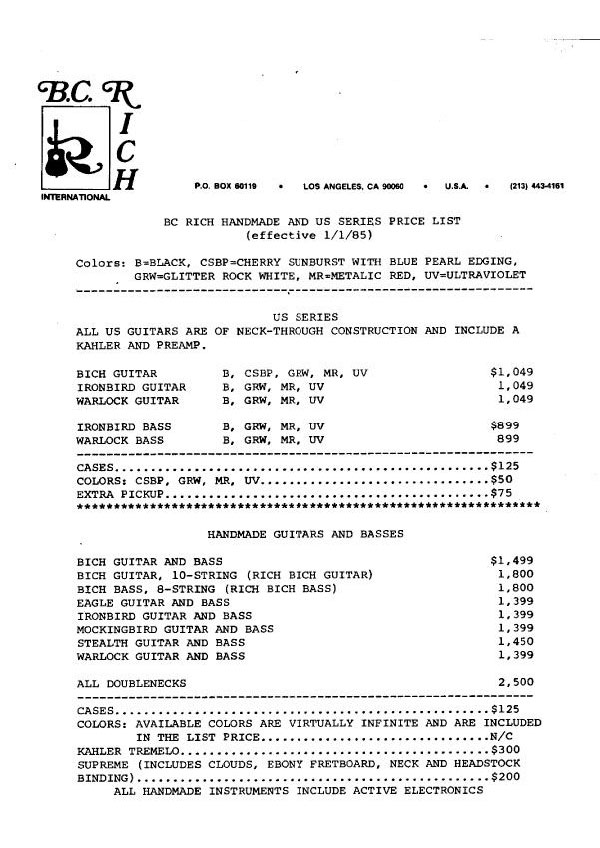 Price list 1985
