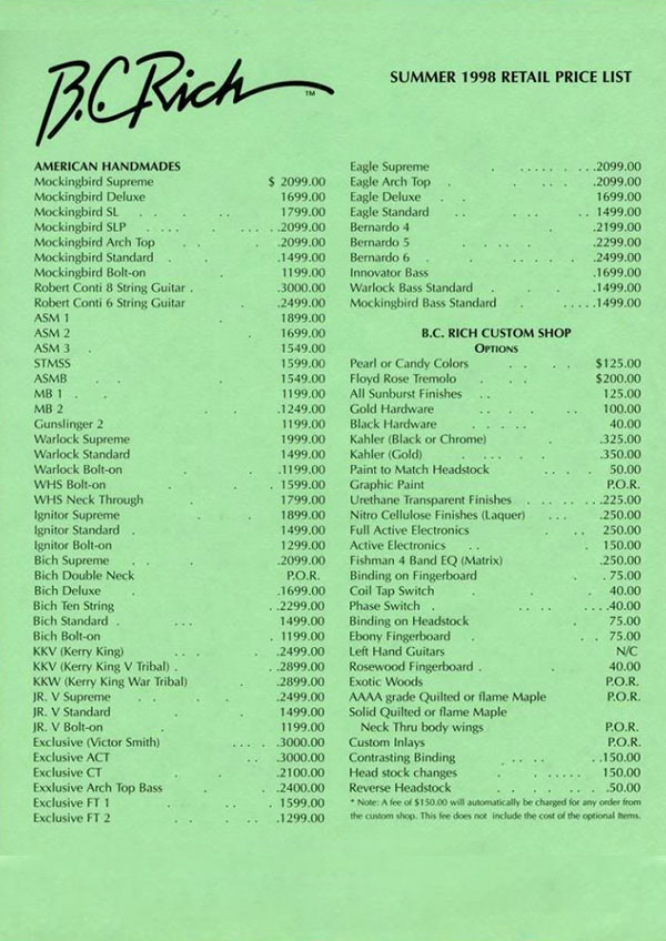 Price list 1998 (Summer)