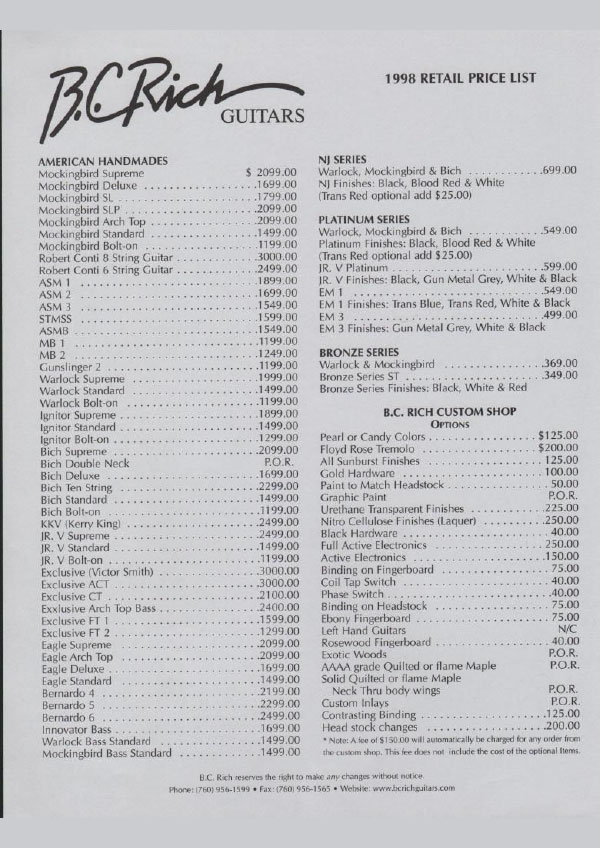 Price list 1998