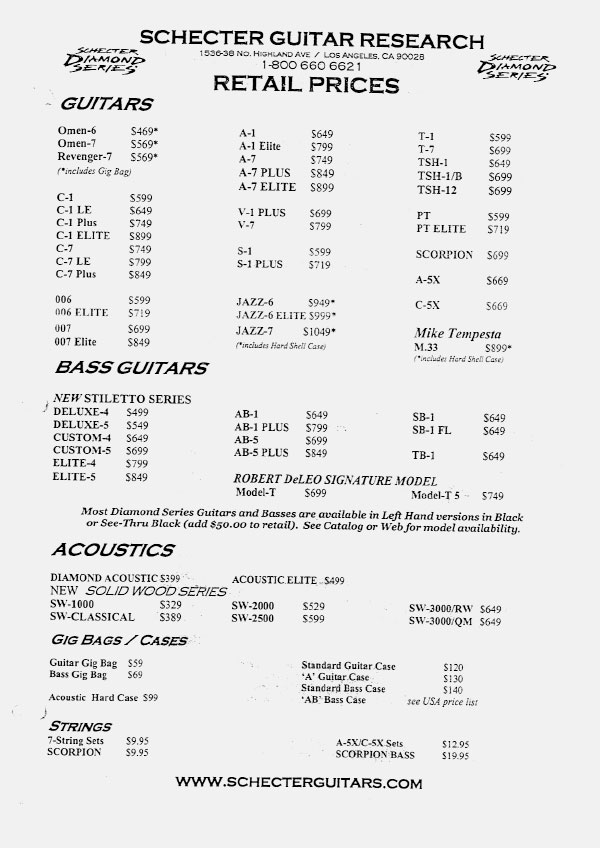 Schecter Price list 2001