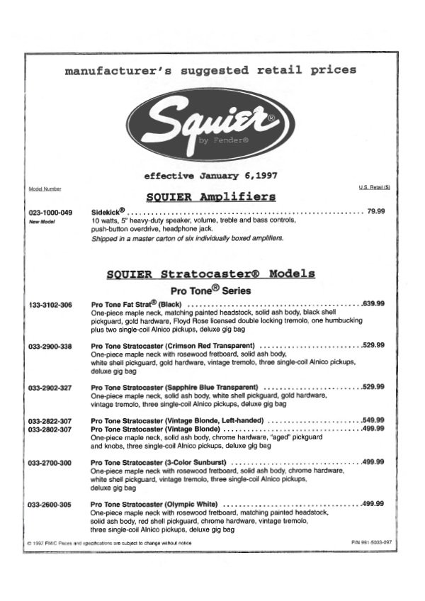 Squier Price list 1997 (January)