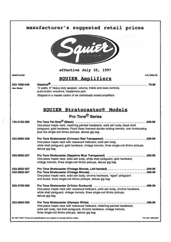Squier Price list 1997 (July)
