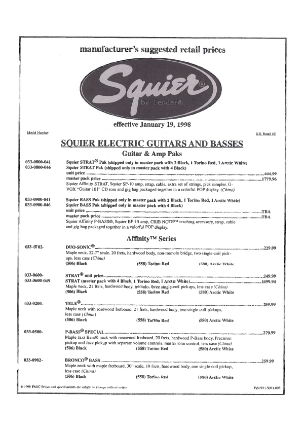 Squier Price list 1998 (January)