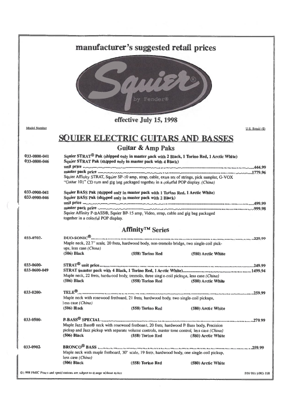 Squier Price list 1998 (July)