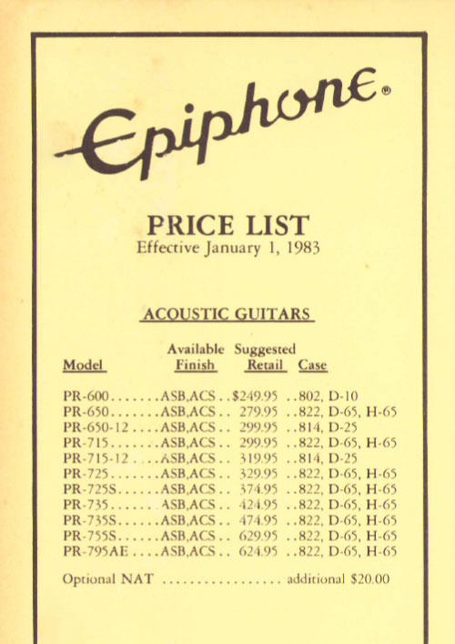Epiphone Price list 1983