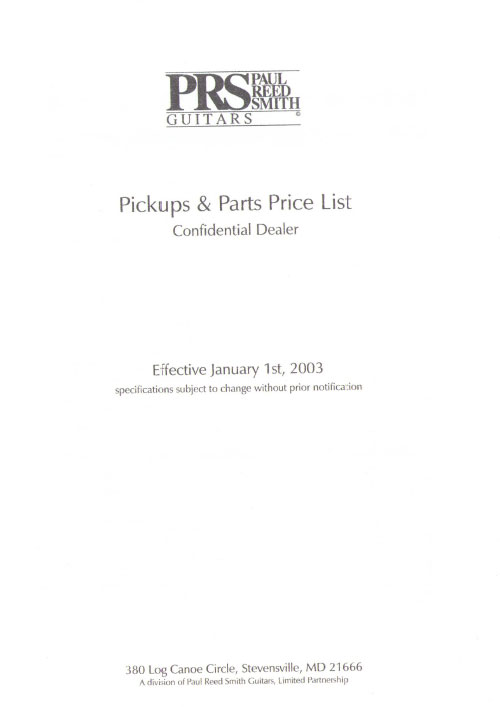 PRS Price list 2003