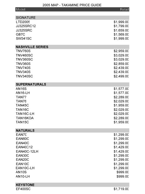 Takamine Price list 2005