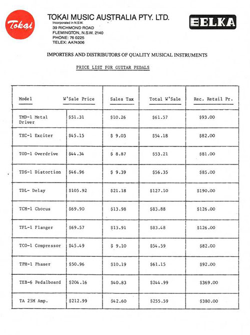 Tokai Price list Pedal 1985