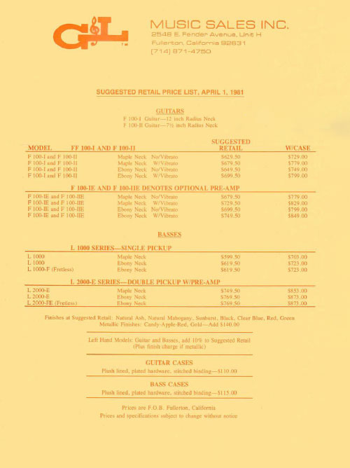 G&L Price list 1981