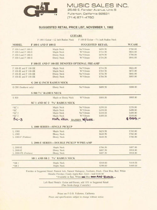 G&L Price list 1982