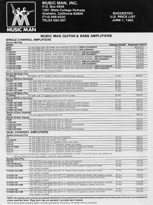 Music Man Price list 1982