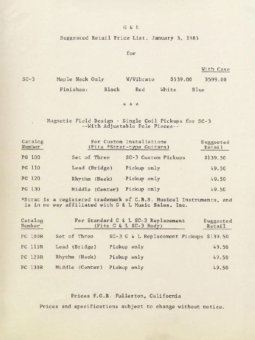 G&L Price list 1983