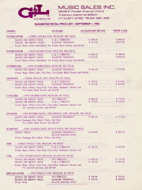 G&L Price list 1985
