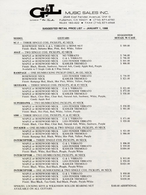 G&L Price list 1988