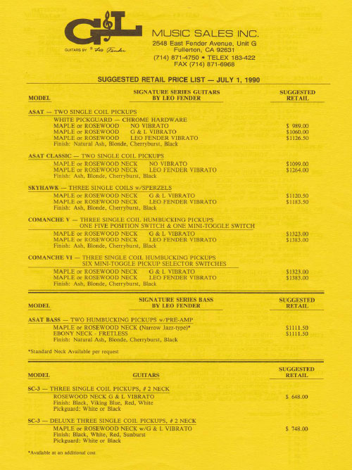 G&L Price list 1990
