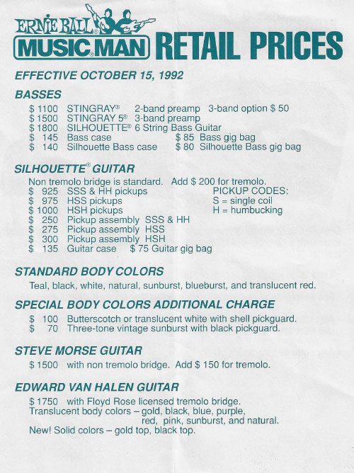 Music Man Price list 1992